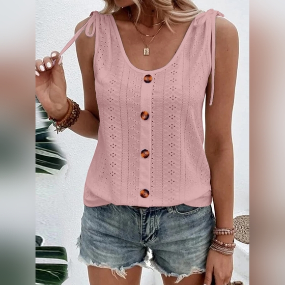 Eyelet Tie Shoulder Scoop Neck Tank - Picture 1 of 5